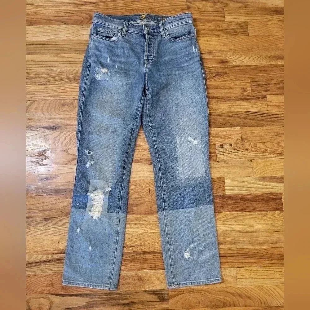 7 For All Mankind Edie Highrise Patchwork Slightly Distressed Straight Jeans(26)